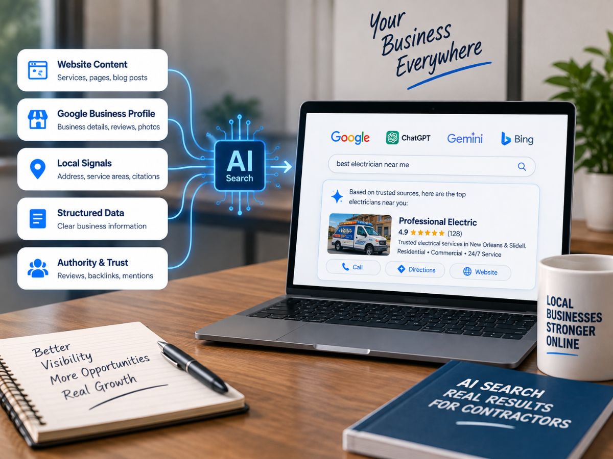 Diagram showing how contractors can improve AI search visibility through website content, service information, local SEO, business details, and structured data.
