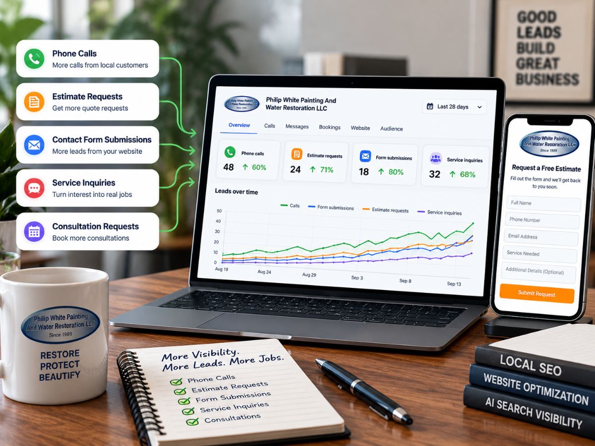 AI search optimization dashboard showing growing phone calls, estimate requests, contact form submissions, service inquiries, and consultation leads for a home service business.