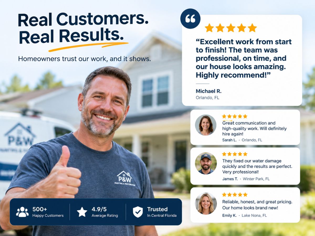 Customer testimonials and five-star reviews for home service contractors, highlighting professional workmanship, reliable service, and customer satisfaction in Central Florida.