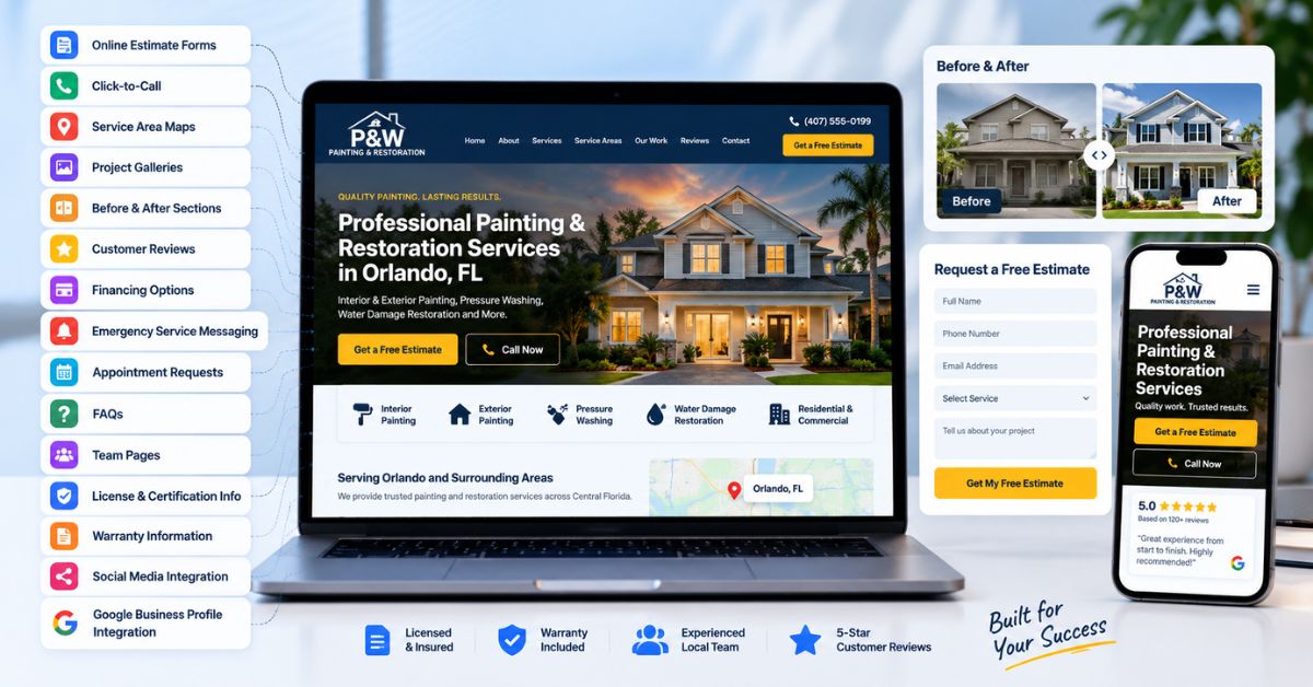 Home service contractor website design featuring estimate forms, service area maps, project galleries, customer reviews, and mobile-friendly layouts.