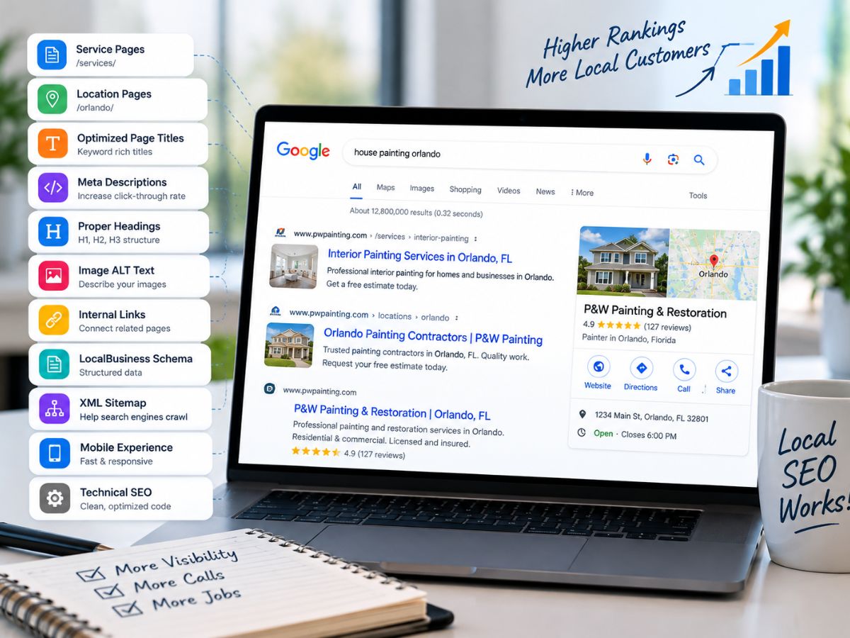 Local SEO website optimization showing service pages, location pages, structured data, and Google search results for home service contractors.