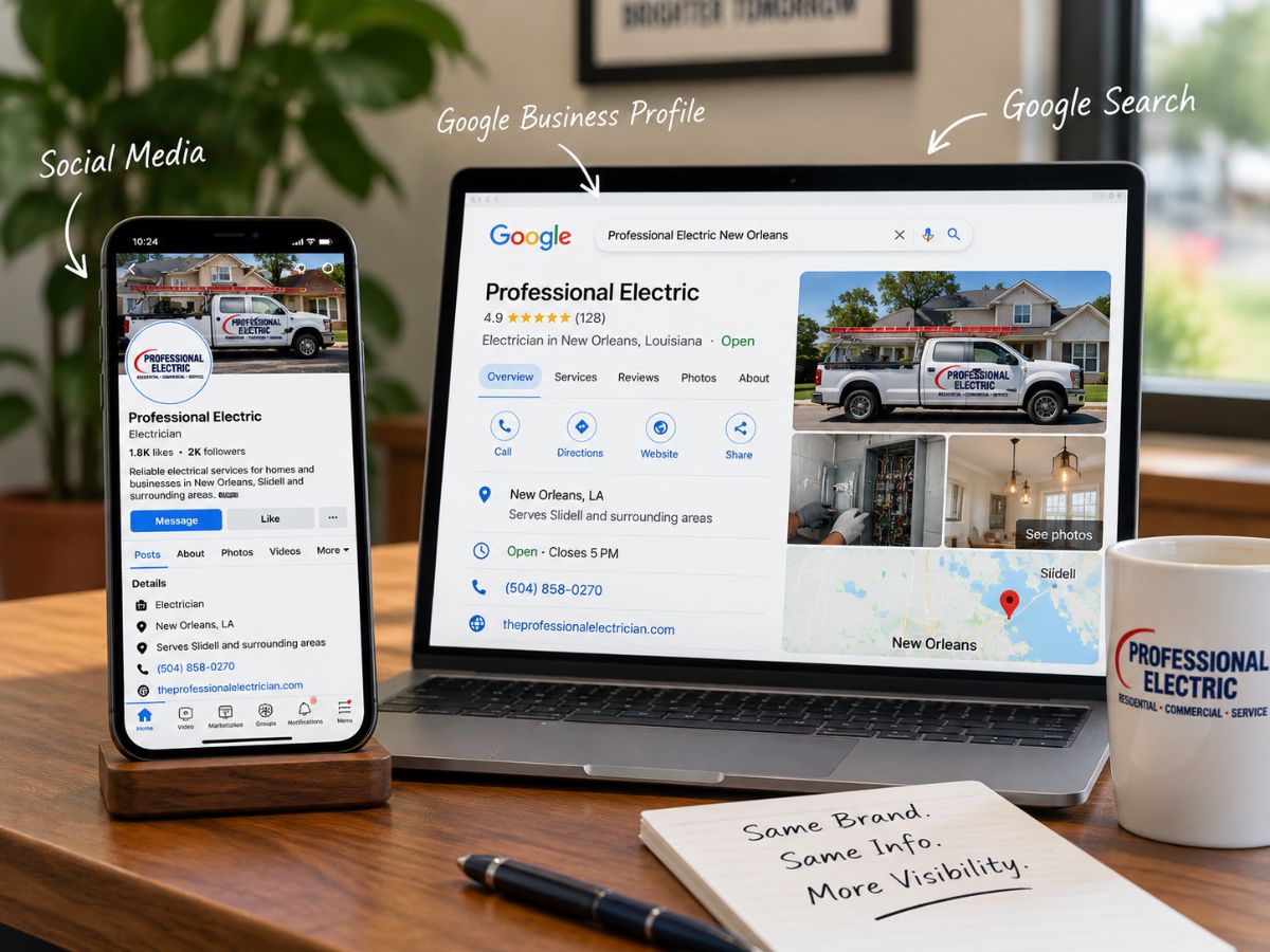 Professional Electric business profiles displayed on a laptop and smartphone, illustrating consistent business information across Google Business Profile, social media, and Google Search.