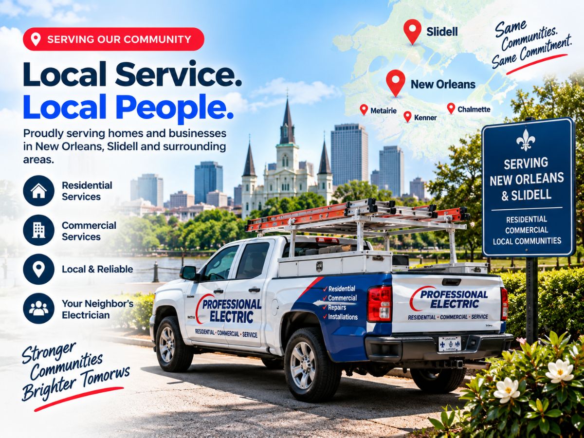 Professional Electric service truck in a residential neighborhood, showcasing local electrical services in New Orleans, Slidell, and surrounding areas.